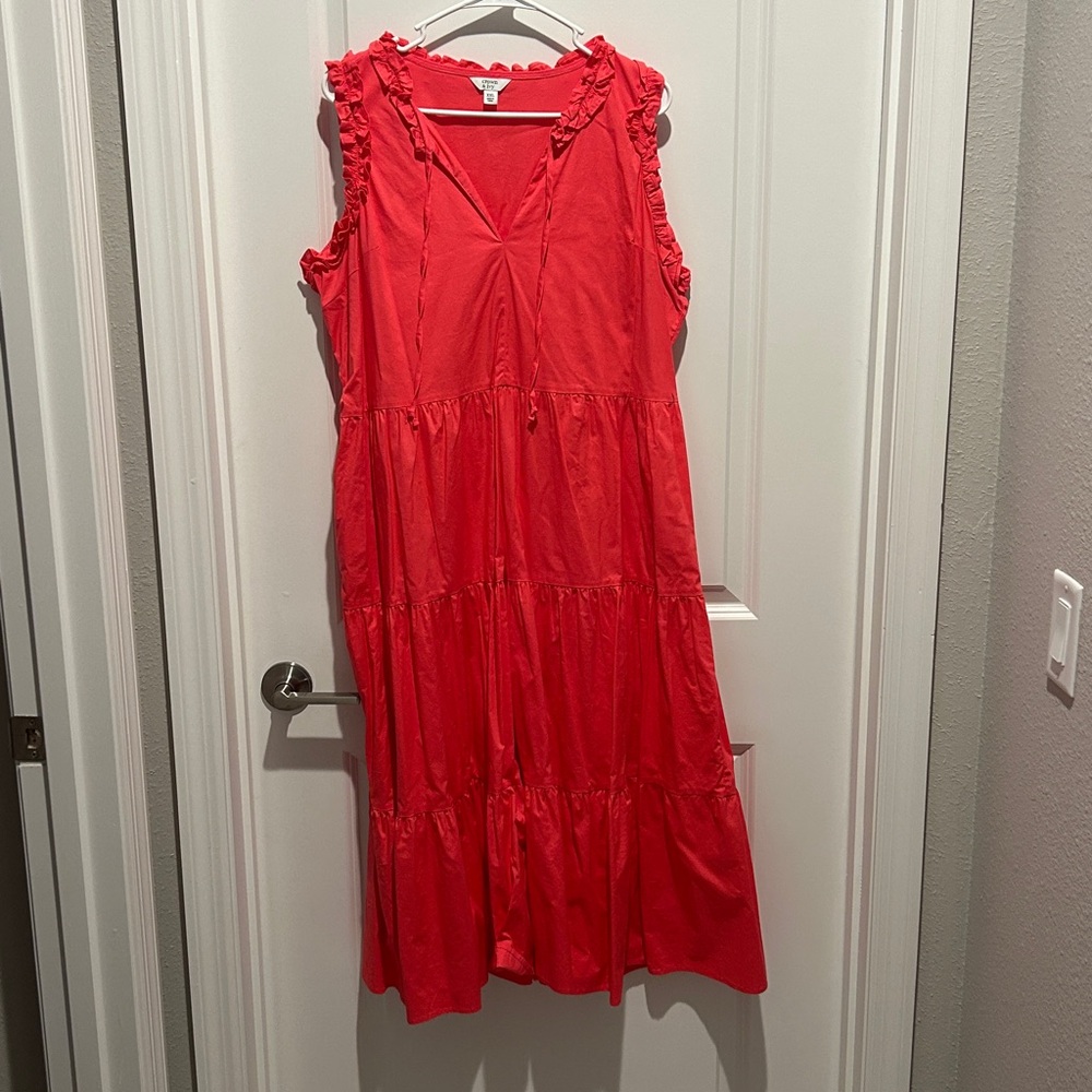Crown & Ivy Vibrant Coral Ruffle Midi Dress